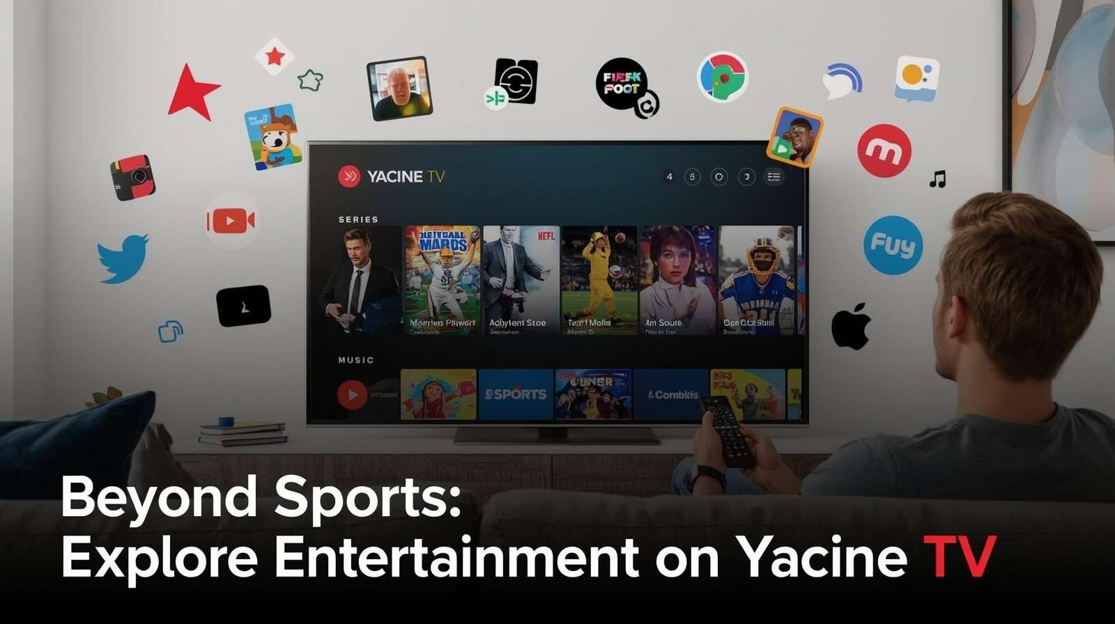 A collage of icons representing movies, news, and kids' entertainment.