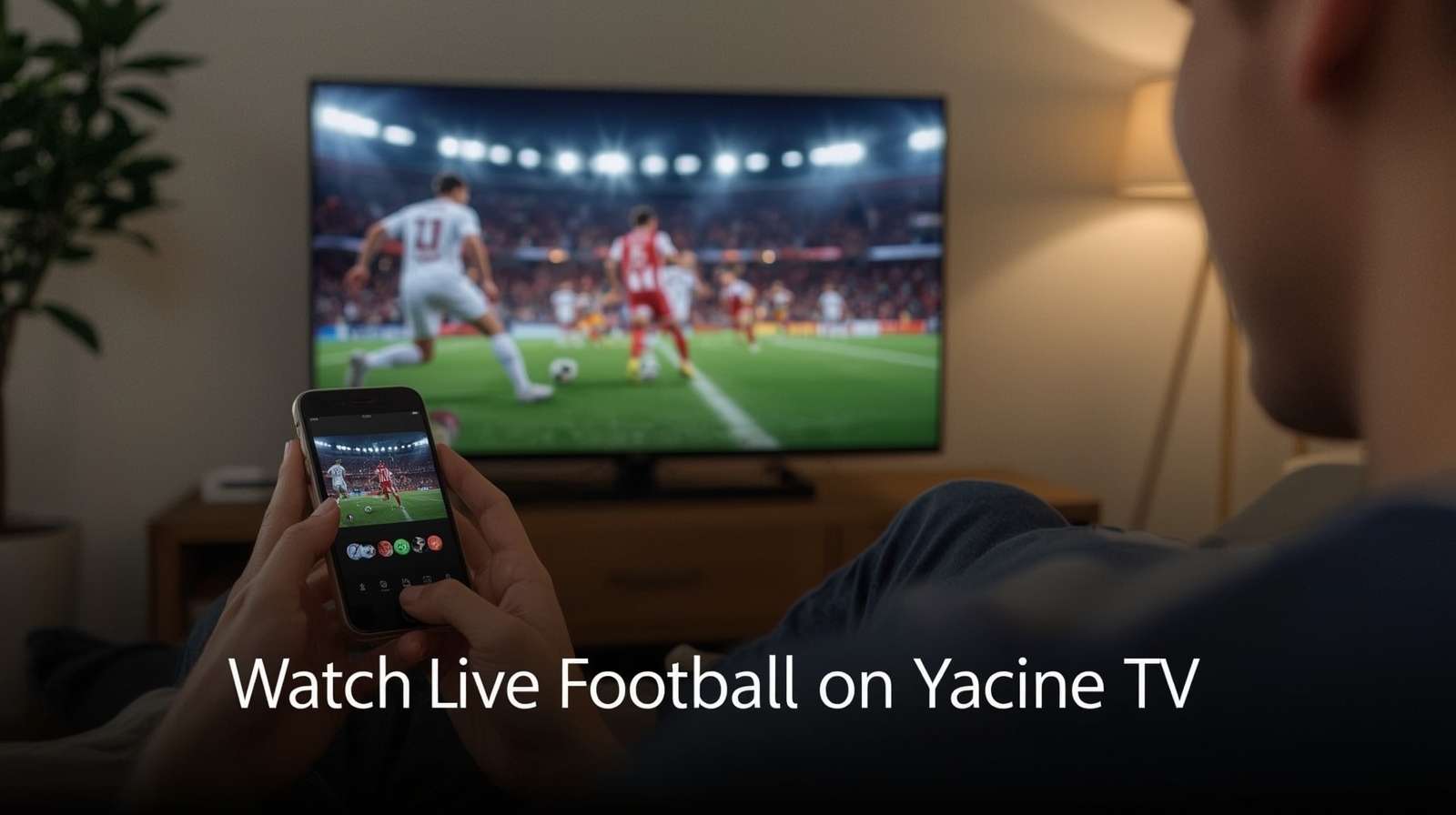 A vibrant graphic showing a football stadium and the Yacine TV logo, representing a guide to live football.