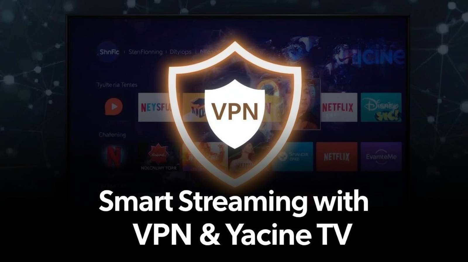 A graphic showing a shield icon protecting the Yacine TV logo, symbolizing VPN security.
