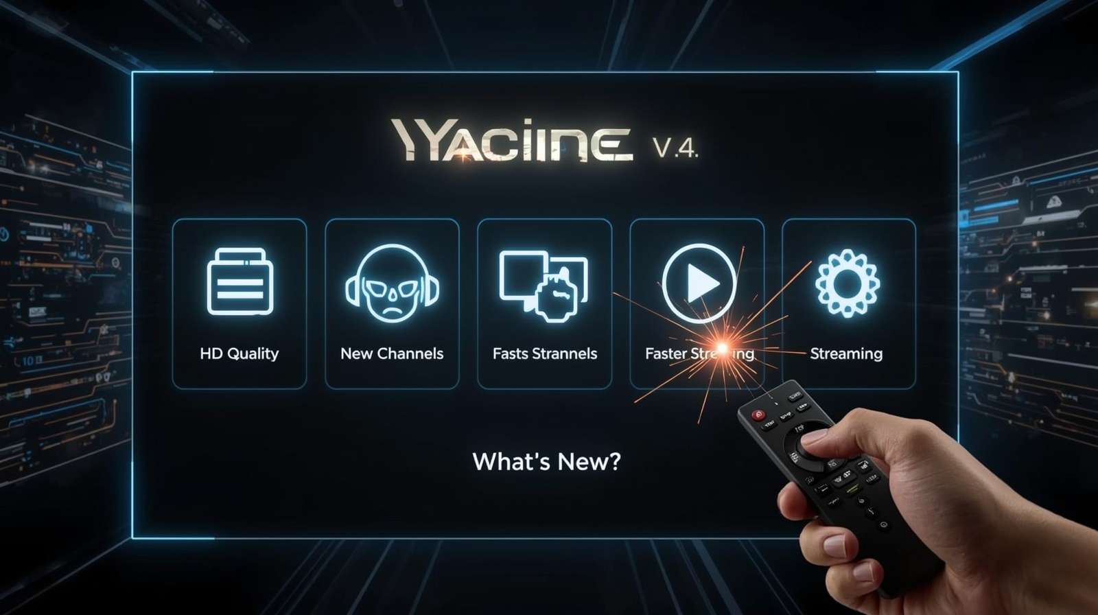 A graphic announcing the Yacine TV v4.0 update with new feature icons.